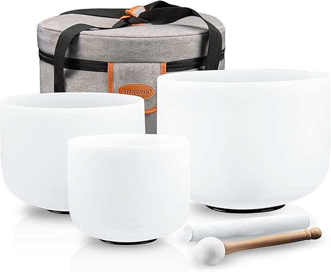Ryan Dvan 8-12 Inch Set of 3 Forested Quartz Crystal Singing Bowl Chakra Set with Free 1 pc Carrying Case