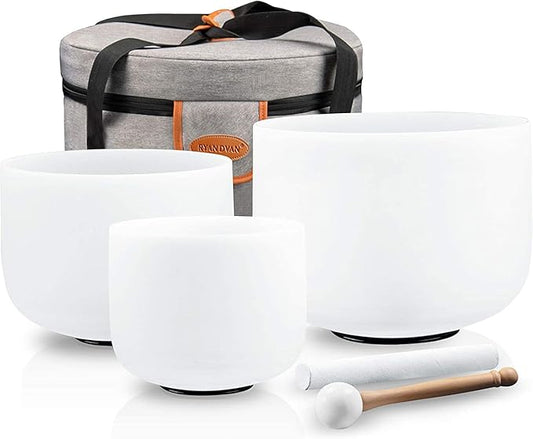 Ryan Dvan 8-12 Inch Set of 3 Forested Quartz Crystal Singing Bowl Chakra Set with Free 1 pc Carrying Case
