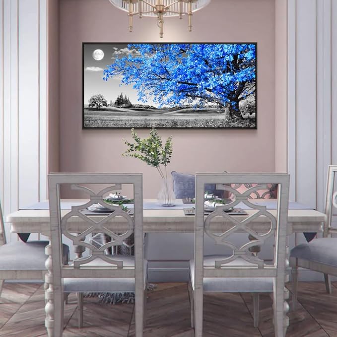 Black Framed Canvas Wall Art For Living Room Black And White Wall Pictures Office Wall Decor Large Size Wall Art Blue Moon Tree Scenery Wall Paintings Bedroom Home Decoration Works Of Art 20" X 40"