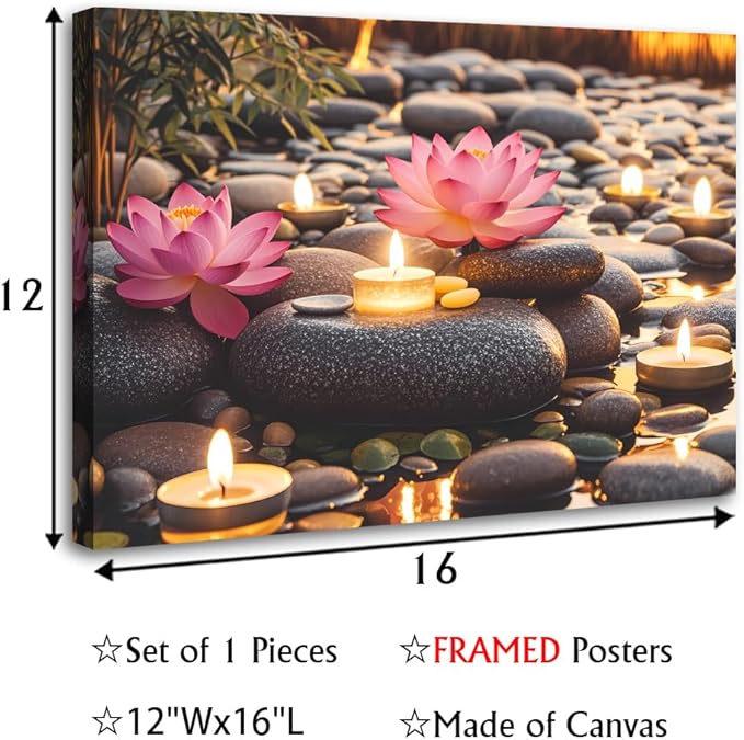 Zen Water Lily Canvas Wall Art,Pink Floral and Yellow Candle on Stone Bedroom Wall Decor,Modern Spiritual Yoga Spa Painting Picture Artwork for Zen Office Decor Bathroom Home(12"x16"Framed)