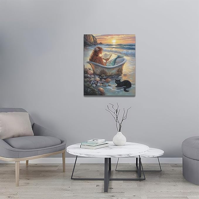 Mermaid Wall Art Beach Coastal Nautical Wall Decor Sunset Cat Pictures Canvas Painting Framed Artwork Home Decorations for Bathroom Living Room Bedroom Office 20"x24"