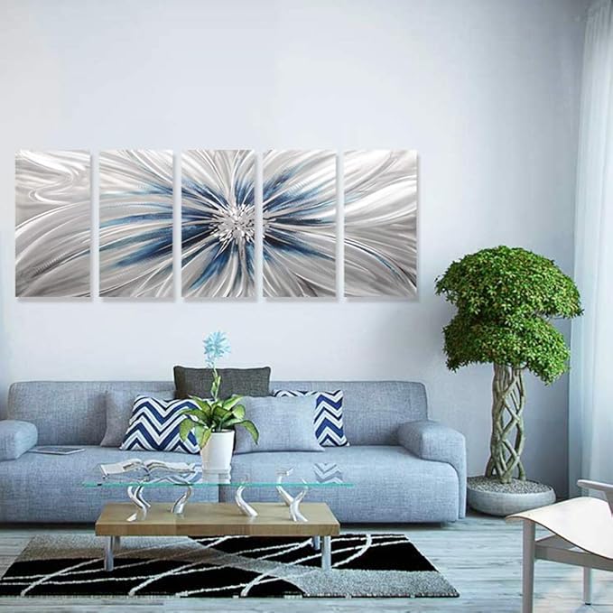 RICHSPACE ARTS Contemporary Metal Wall Art Blue and Silver Modern Sculpture Decor for Living Room 3d Flower Aluminum Artwork for Home and Office Farmhouse Style