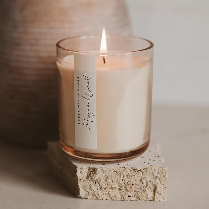 Sweet Water Decor Mango and Coconut Scented Soy Candles – Pineapple, Mango, Orange, Peach, Coconut Milk, Sugar – Fresh Tropical Aroma – 50 Hour Burn – 12oz Tinted Glass Jar for Home Decor