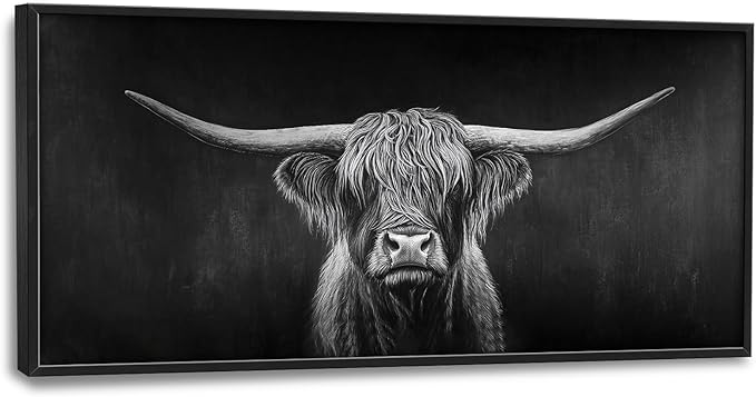 SweetFox Extra Large Highland Cow Framed Wall Art for Living Room, Black and White Longhorn Cattle Pictures Oversized Wall Decor Abstract Canvas Painting Print Artwork for Bathroom Bedroom 60L X 30W