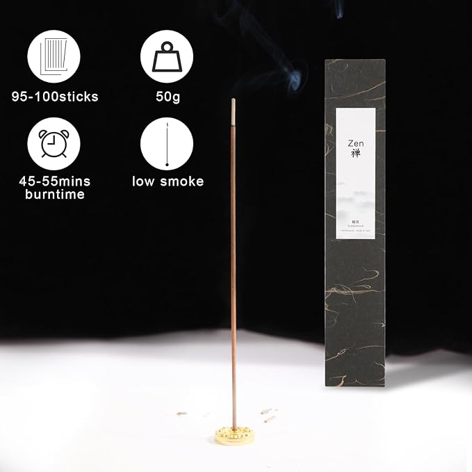 Zen Tibetan Sandalwood Incense Sticks with Holder, Low Smoke 50 Min Burn – Stress Relief, Yoga & Meditation Relaxation, 50g (95-100 Sticks) Eco-Friendly Packaging