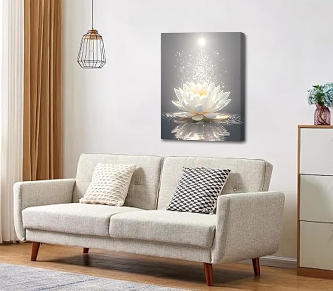 Framed Lotus Floral Pictures Wall Art for Zen Office Decor Meditation Poster,Lotus Floral Wall Art,White Lotus Print,Lotus Flower Bloom in Water Picture Bathroom Decor(12"x16")