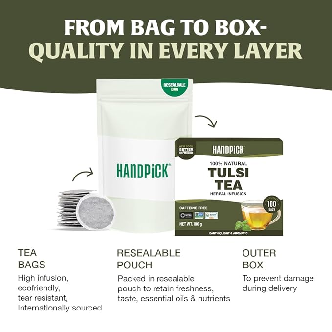 HANDPICK Original Tulsi Tea (100 count) Holy Basil Calming and Stress Relief Tea, Immune Support | Non-GMO, Caffeine-Free Herbal Tea | Ecofriendly Round Tea Bags