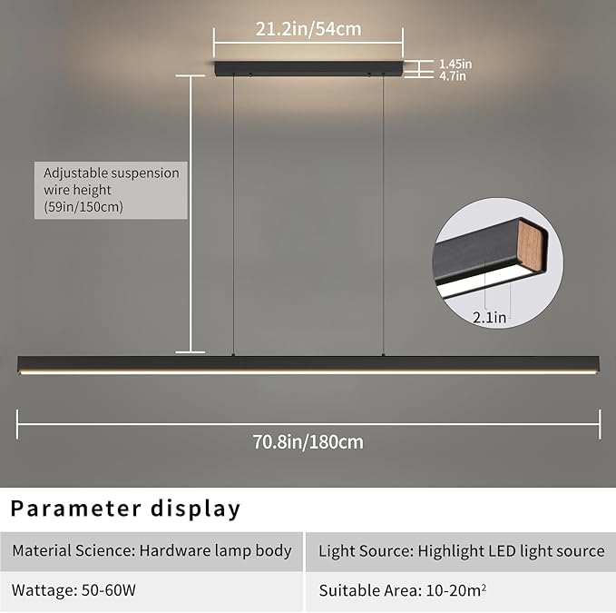 70" LED Linear Pendant Light Fixtures, 25W Dimmable Pool Table Light with Remote, Modern Island Lights for Kitchen Dining Room Living Room Office Bar, 3000k-6000k, Black