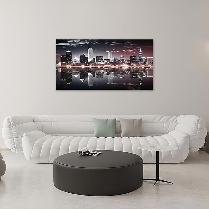 Chicago Skyline Wall Art City Night View Pictures Living Room Wall Decor Black Cityscape Large Canvas Prints Painting Modern Framed Artwork Above Bed for Diving Room Office 60"x30"