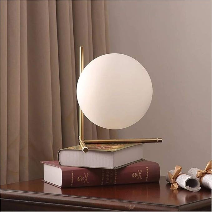 BOKT Mid Century Modern Brass Table Lamp Contemporary Gold Glass Globe Desk Lamp Vintage Bedroom Bedside Reading Lamp Golden Metal Nightstand Lamp for Office Study Room