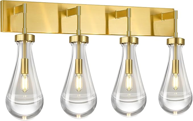 Raindrop Wall Sconces Gold Crystal Sconces Wall Decor Modern Brass Lighting Glass Bathroom Sconces Indoor Vanity Light Wall Lamp for Bedroom Living Room Stair(4-Light)