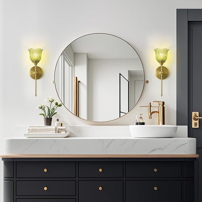 Modern Wall Sconces Set of 2 with Green Flower Glass Shade, Mid Century Bathroom Vanity Wall Light Fixtures Gold Vintage Wall Lights with Switch for Mirror Bedroom Living Room