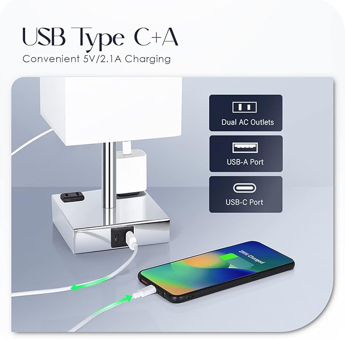 Bedside Lamp with USB Ports - Touch Control Table Lamp for Bedroom with USB C+A Charging Ports & AC Outlets, 3 Way Dimmable Nightstand Light for Living Room (LED Bulb Included, Chrome - White)