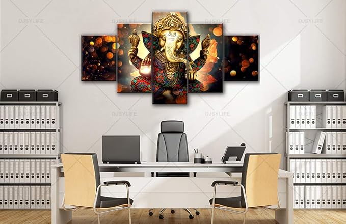 Large 5 Pieces Lord Ganesha Indian Wall Decor - Elephant Photo Picture Canvas Print Paintings for Living Room House Framed Decorations (60" W x 32" H)