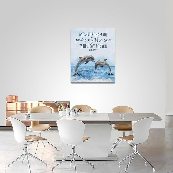 Dolphin Bathroom Decor Wall Art Ocean Coastal Wall Decor Scripture Canvas Bible Verse Prints Painting Framed Artwork for Bathroom living room Bedroom 16"x20"