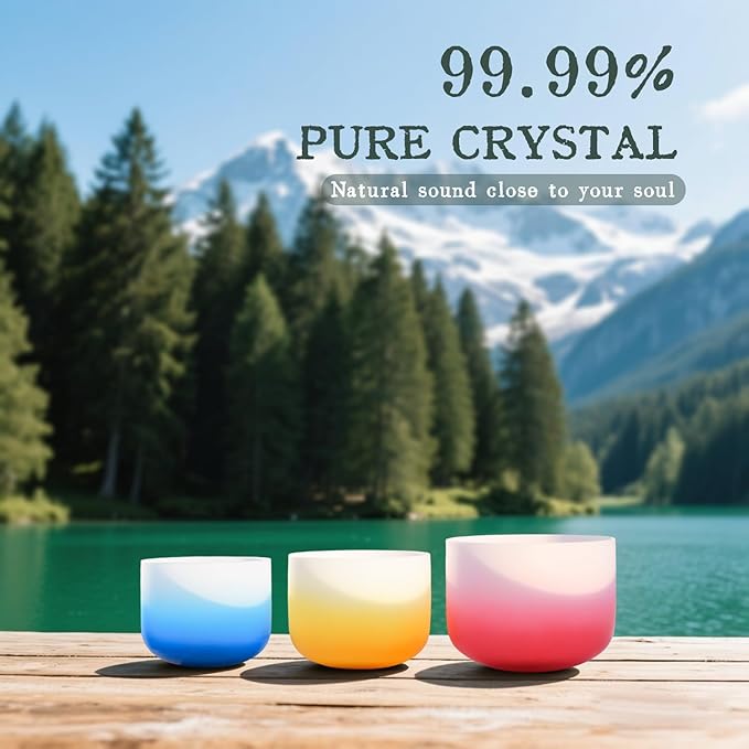432HZ PCS Aria Gradient GEC Crystal Singing Bowl Set of 3, 8"G Throat, 10"E Solar Plexus, 12” Root with Case Suede Striker & O-Ring Sound Therapy for Reiki, Healing Energy