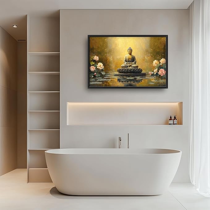 Buddha Large Wall Art Golden Buddhist Pictures Wall Decor Zen Lotus Big Canvas Painting Prints Framed Artwork Home Decorations Above Bed for Bedroom Living Room Dining Room Bathroom 36"x24"