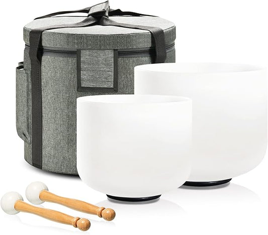 Couple of 2 PCS Crystal Singing Bowl Set, 8" F note Heart Chakra and 10" C note Root Chakra, Sound Bowl Meditation Set for Healing with Carry Case Bag.