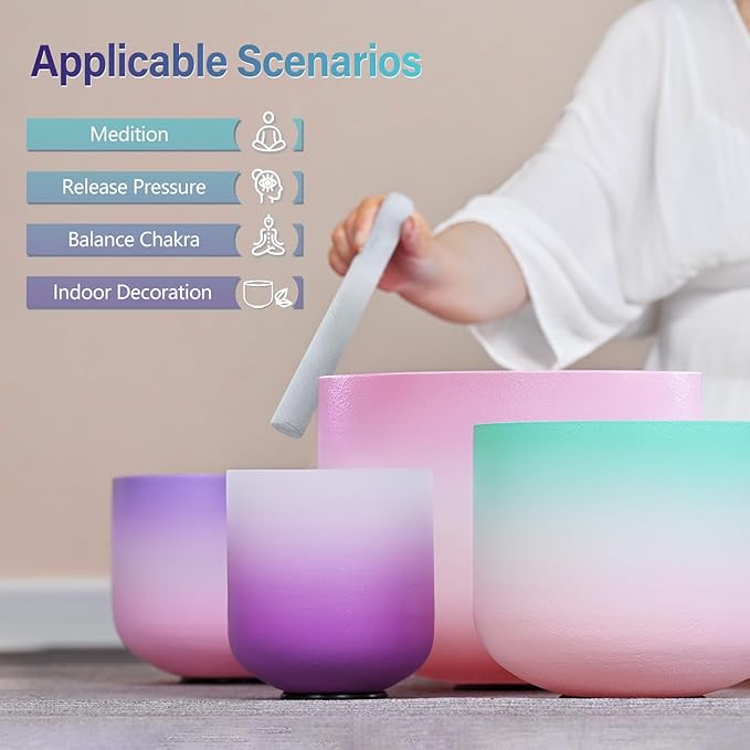 440HZ 6"-12" Set of 7 PCS Frosted Quartz Color Crystal Singing Bowl Set Sound Healing with Sound Bowl Mallet Suede Stick Heavy Duty Carry Cases