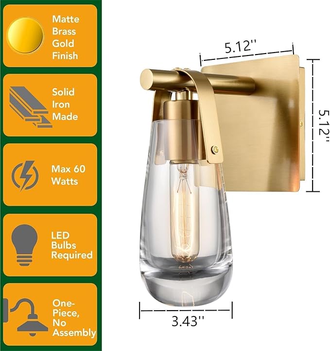 Gold Wall Sconces, Raindrop Sconces Wall Lighting, Modern Clear Glass Vanity Light Fixtures Raindrop Wall Sconce for Bathroom Bedroom Living Room
