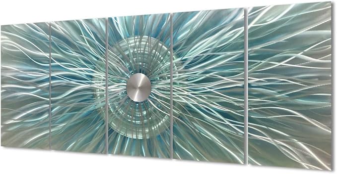 RICHSPACE ARTS Large Abstract Metal Wall Art Modern Teal Decor 3d Geometric Sculpture Dancing Sun Rays Design for Contemporary Living Room Home Office Walls