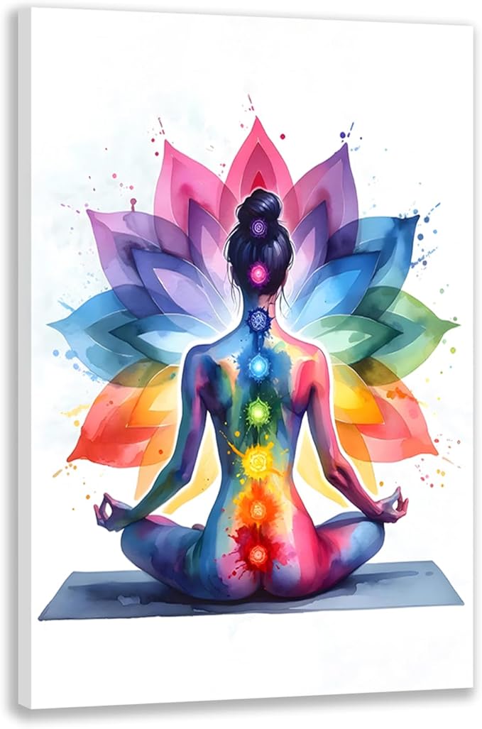 GELDSTEI Framed Zen Wall Art, Chakra Yoga Wall Decor, Colorful Meditation Poster Print, Spiritual Canvas Painting, Vibrant Meditating Woman Aesthetic Picture for Living Room Yoga Studio 12"x16"