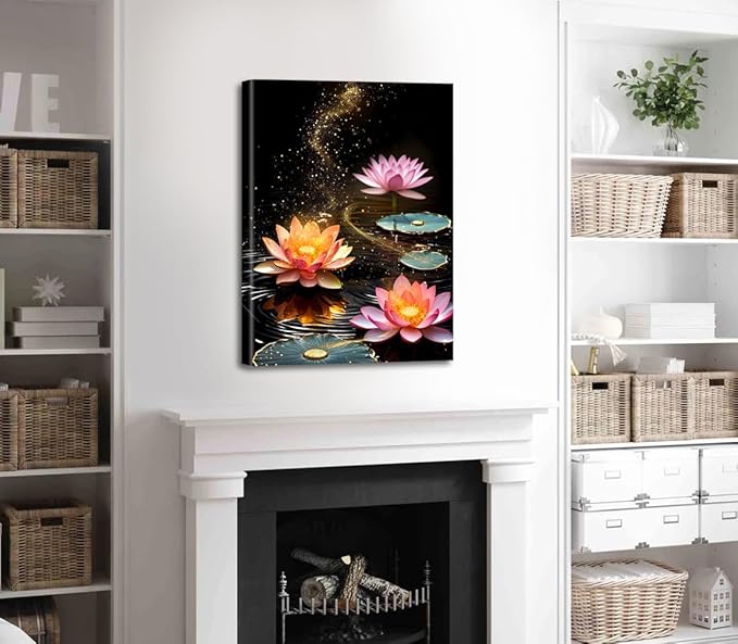 Framed Lotus Floral Canvas Prints Art for Zen Office Decor Wall Art,Zen Canvas Prints Wall Decor,Lotus Flower Bloom in Water Picture,Spiritual Decor Meditation Poster Painting(12"x16")