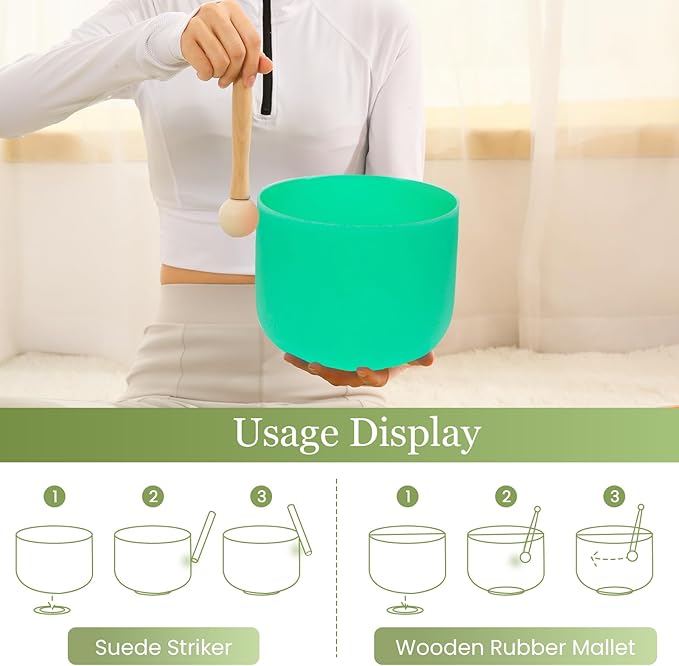 432HZ 8 Inchs F Note Green Frosted Crystal Singing Bowl for Meditation Healing Yoga Chakra Quartz Crystal Sound Bowls with Heavy Duty Carry Case and Rubber Mallet,Suede Striker,O-rings