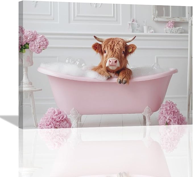 Bathroom Cow Wall Art Highland Cow Wall Decor Pink Pictures Canvas Painting Framed Artwork Home Decorations for Toilet Lavatory Living Room Bedroom 16"x12"