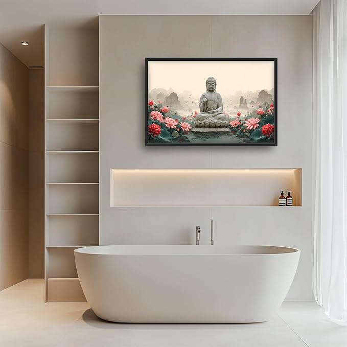 Glocmna Large Buddha Wall Art for Living Room Zen Buddha Lotus Canvas Wall Decor Big Meditation Pictures Painting Print Framed Artwork Decorations Gifts for Bedroom Home Spa Yoga Room Office Hotel 24"x36"