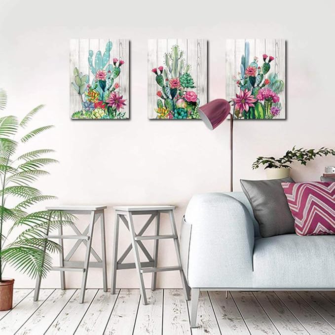3 Piece Framed Wall Art Watercolor Tropical Plant Desert Cactus Canvas Print for Bedroom Bathroom Spiny Flower Artwork Home Office Wall Decoration 16x24 3 panels Decor