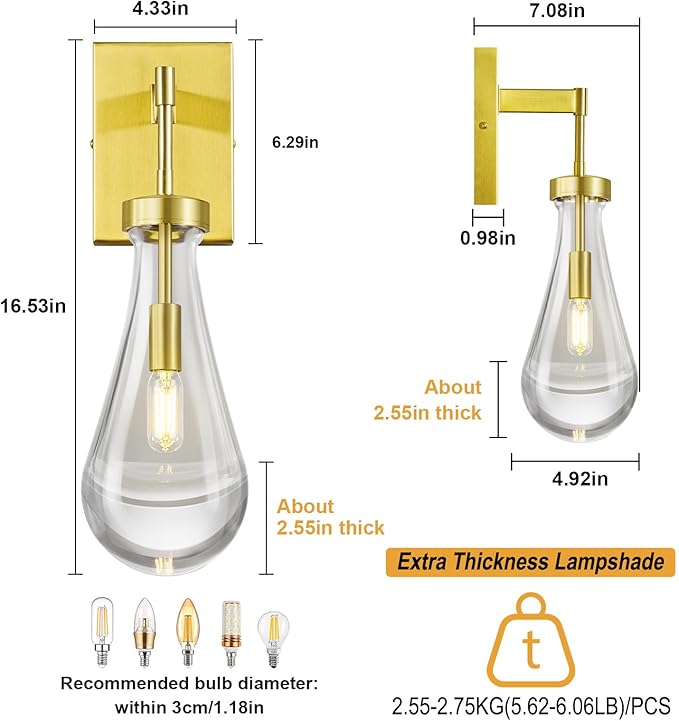 Raindrop Wall Sconces Gold Sconces Wall Decor Modern Brass Wall Lighting Glass Bathroom Sconces Indoor Vanity Light Wall Lamp for Bedroom Living Room Stair (1 Pack)