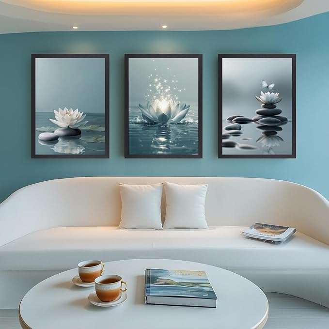 GELDSTEI Calm Zen Botanical Canvas Wall Art, White Lotus Blooming on Stones in Water Aesthetic Pictures, Yoga Spa Meditation Room Decor, Modern Spiritual Poster Prints for Zen Wood Framed 16"x24"x3