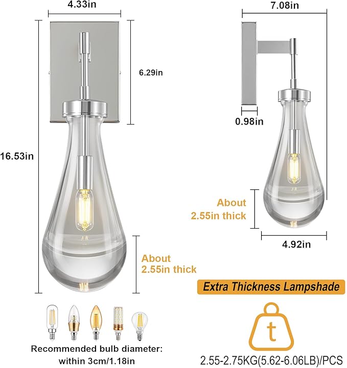 Raindrop Wall Sconces Set of Two Chrome Sconces Wall Decor Modern Brass Wall Lighting Glass Bathroom Sconces Indoor Vanity Light Wall Lamp for Bedroom Living Room Stair