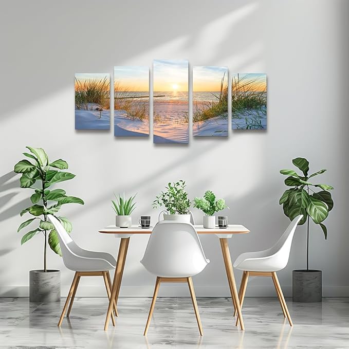 Canvas Wall Art For Living Room Large Size Wall Decor For Bedrooms Beach Grass Blue Ocean Landscape Painting Office Wall Decorations Seascape Print Canvas Pictures Artwork Home Decor Works 5 Piece
