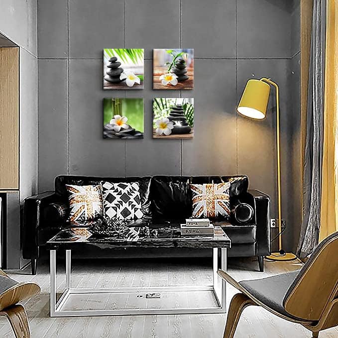 Yxbhhym-Zen Pictures Meditation Canvas Wall Art Spa Stone Green Room Decor White Frangipani Flower Poster Painting Zen Artwork for Bathroom Wall Décor Living Room Kitchen Decorations Framed Art