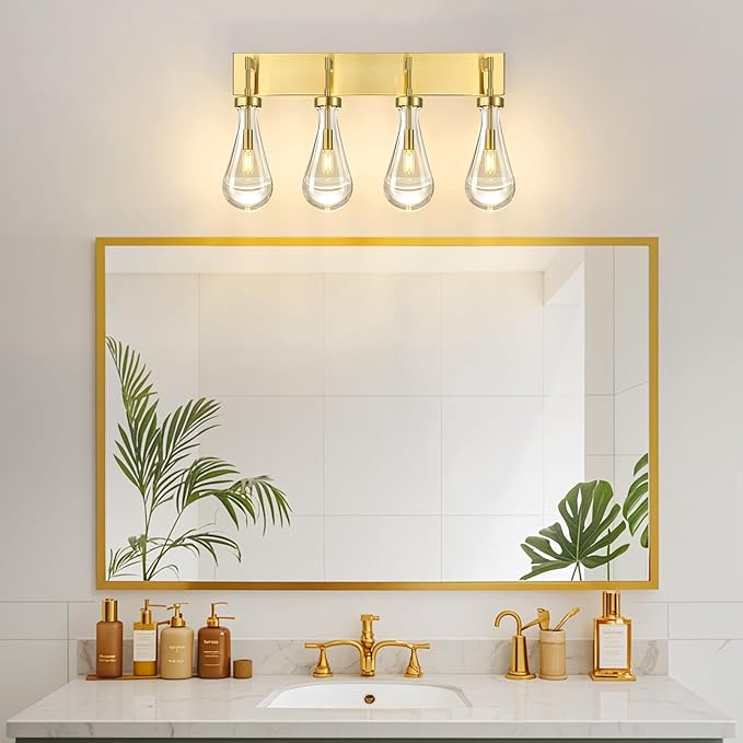 Raindrop Wall Sconces Gold Crystal Sconces Wall Decor Modern Brass Lighting Glass Bathroom Sconces Indoor Vanity Light Wall Lamp for Bedroom Living Room Stair(4-Light)
