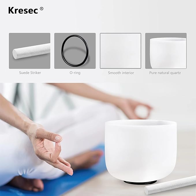 Kresec 8 Inch Crystal Singing Bowl B Note (±40 cents) Crown Chakra with O-ring and Mallet Quartz Crystal Sound Bowl for Meditation, Yoga, Spiritual and Body Healing and Energy Cleansing