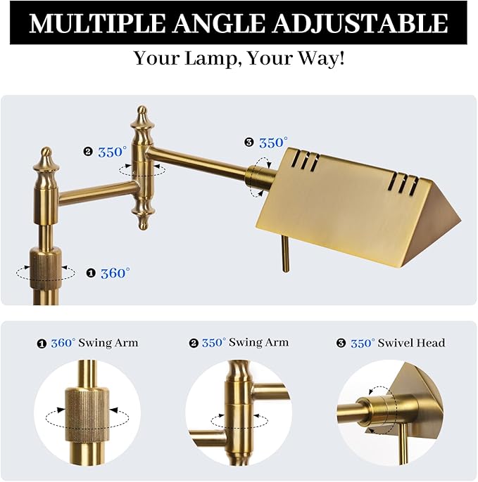 Dimmable Pharmacy Floor Lamp with Remote, 15W LED Reading Floor Lamp with 360°Swing Arm, 3 Color Temperature, Height Adjustable Gold Standing Task Lamp for Living Room, Bedroom, Office, Antique Brass