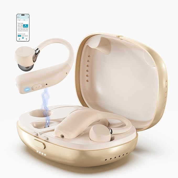 FLYSOUND Rechargeable OTC Hearing Aids with Bluetooth for Seniors & Adults | Experience 80% Speech Recognition Boost & Tinnitus Relief via App | Up to 60dB Gain & AI Noise Reduction | Stylish Gold Des
