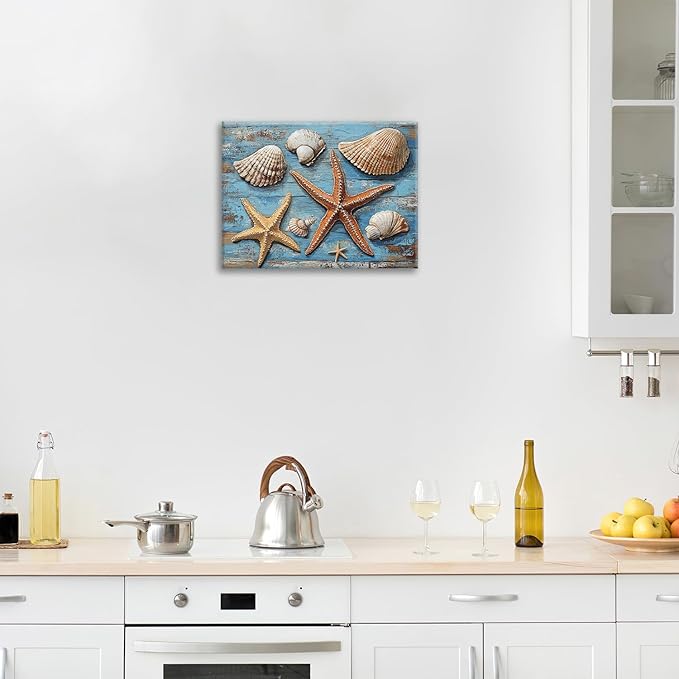Olivine Seashell Wall Art, Coastal Starfish Pictures Wall Decor, Beach Theme Painting, Blue Seashell Canvas Prints, Framed Artwork for Bathroom Bedroom Living Room Office Home Decoration 16''x12''