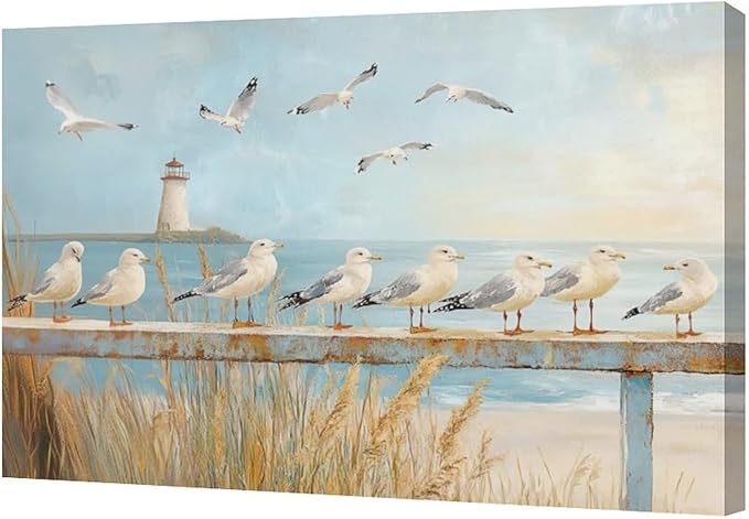 Olivine Beach Wall Art, Coastal Seagull Lighthouse Bathroom Pictures, Nautical Canvas Prints Painting for Living Room Bedroom Dinning Room Kitchen 24x16 Inch Framed