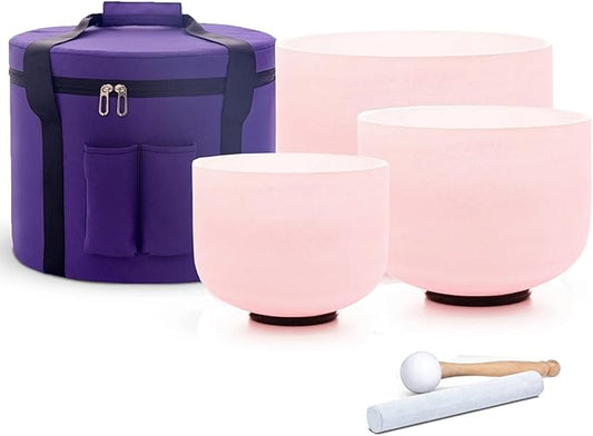 Set of 3 Pink Color Singing Bowls 8"G 10"E 12"C Frosted Chakra Quartz Sound Healing Crystal Singing Bowl with Travel Carry Case Bag Mallet Suede Striker O-ring