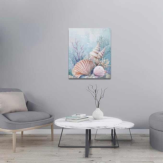 Fleruku Beach Coral Shells Wall Art Nautical Sea Wall Decor Ocean Pictures Canvas Painting Artwork Home Decorations for Living Room Bedroom Bathroom Office Nursery 20"x24"