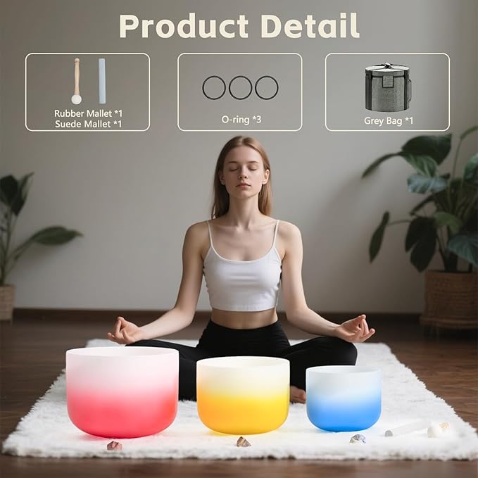 432HZ PCS Aria Gradient GEC Crystal Singing Bowl Set of 3, 8"G Throat, 10"E Solar Plexus, 12” Root with Case Suede Striker & O-Ring Sound Therapy for Reiki, Healing Energy