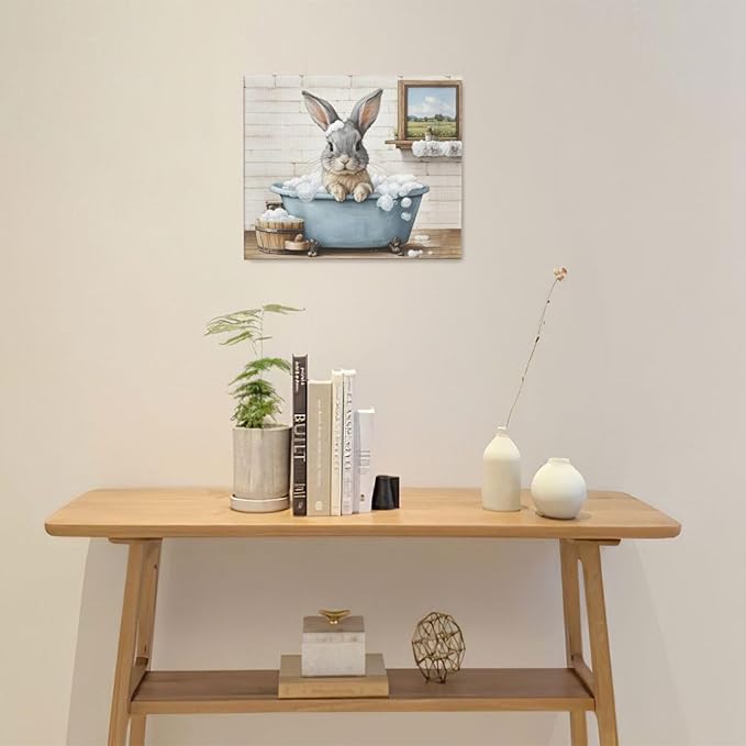 Farmhouse Bunny Bathroom Decor Wall Art Rabbit Pictures Canvas Prints Rustic Country Bathroom Painting Artwork Easter Decoration Framed Gifts for Women Girl Restroom Toilet 20"x24"