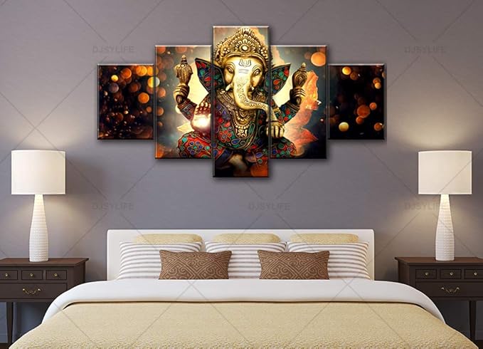 Large 5 Pieces Lord Ganesha Indian Wall Decor - Elephant Photo Picture Canvas Print Paintings for Living Room House Framed Decorations (60" W x 32" H)
