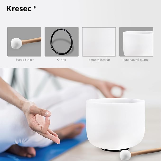 Kresec 8 Inch Crystal Singing Bowl C Note(±40 cents) Root Chakra with O-ring and Mallet Quartz Crystal Sound Bowl for Meditation, Yoga, Spiritual and Body Healing and Energy Cleansing