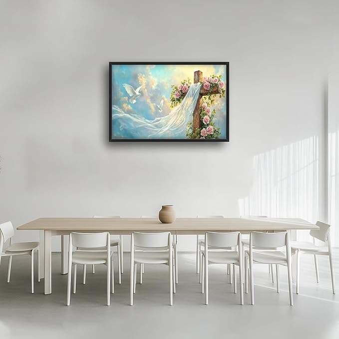 Cross Jesus Wall Art Large Christian Religious Pictures Wall Decor Rose Dove Big Canvas Painting Prints Framed Artwork Home Church Decorations Above Bed for Prayer Bedroom Living Room Dining Room 36"x24"