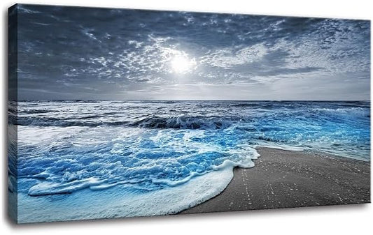 Bamdeya Large Canvas Wall Art for Living Room Beach Poster Wall Pictures for Bedroom Wall Décor Ocean Room Decor Blue Photo Prints Sea Artwork Paintings Framed Office Kitchen Decorations 30x60